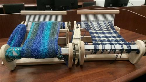 Two warped heddle looms 